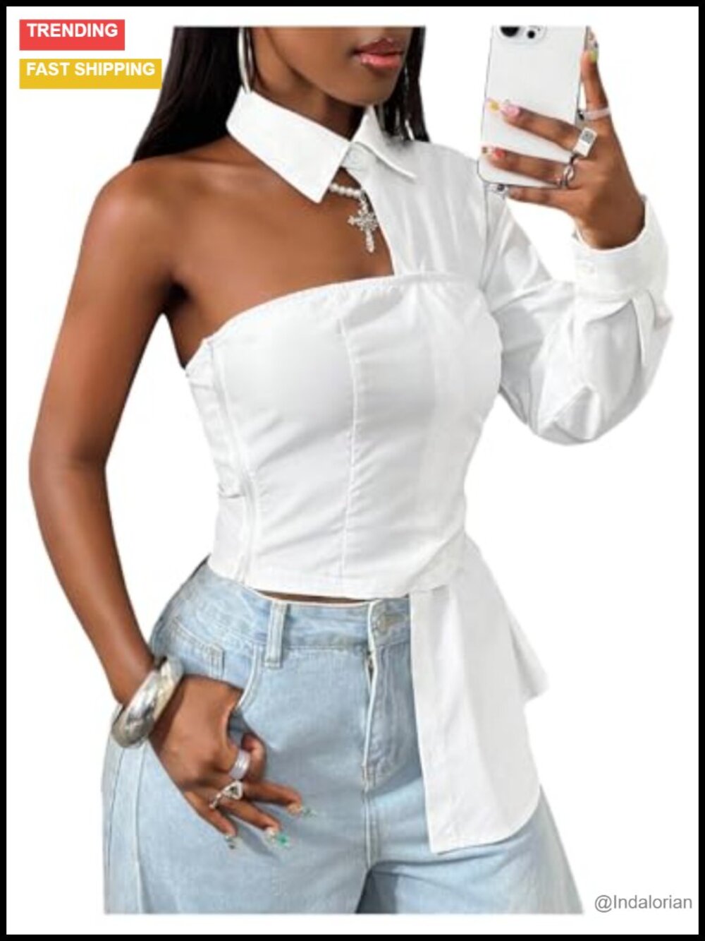 GORGLITTER Asymmetrical One Shoulder Corset Blouse Collared Long Sleeve